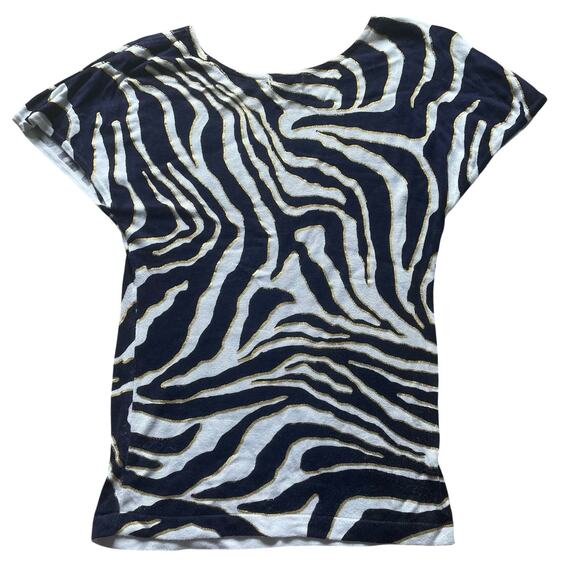 Cache Zebra Print Metallic Gold, Navy, & White Short Sleeve Sweater Small - Picture 7 of 13
